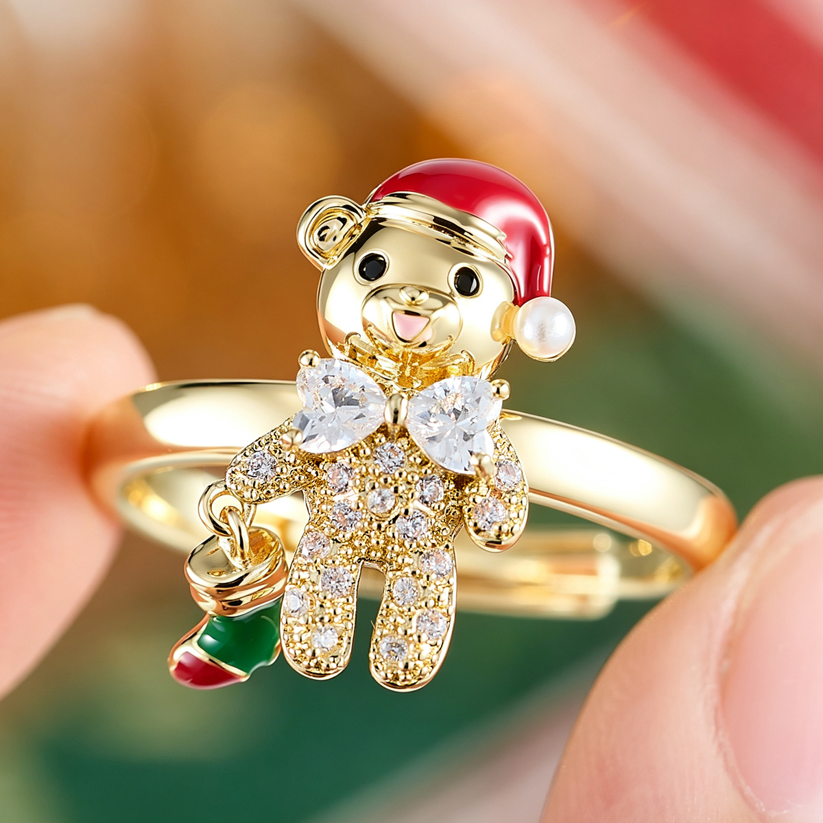 Women's Red Enamel Santa Hat Ring with Zirconia